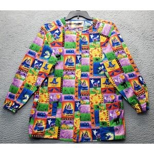 White Swan Halloween Scrub Top Womens M Multi Pumpkin & Witches Print Snap Front